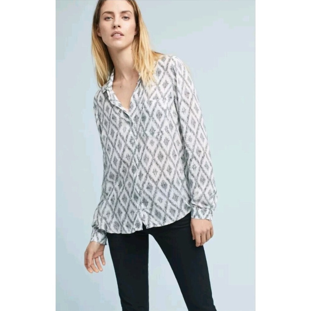 Cloth And Stone Ravenna Sz L Women Button Up‎ Blouse White With Black Pattern A2